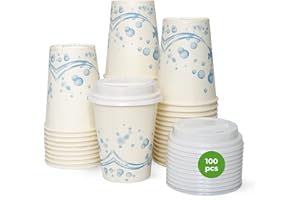 bioexxe 100 Bicchieri Asporto con 100 Coperchi, Tazze di Carta per Bevande Calde e per Cappuccino, Grandi 270ml (Bianco)