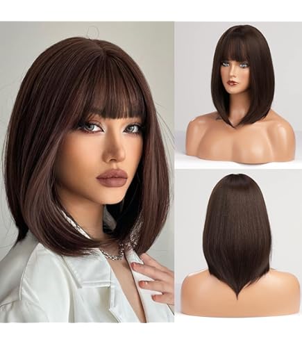 Hair Women Brown Straight Wig With Bangs Synthetic High Density Natural Long Hai - Foto 2