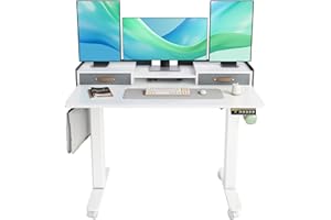 ‎CLAIKS Claiks Höhenverstellbarer Schreibtisch mit Schubladen und Monitorständer 120x60 cm, Elektrischer Stehschreibtisch auf Rollen, Computertisch Sitz/steh mit Memory Funktion und Kollisionschutz, Weiß