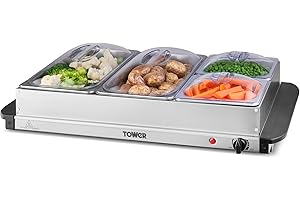 Tower T16151 Buffet Server with 2x 2.5L Trays & 2x 1.2L Trays, Adjustable Temperature Controls, Cool Touch Handles, 300W, Stainless Steel, Silver