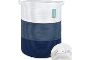 BOSROTY Large Blanket Basket, Nursery Hamper, Tall Laundry Basket 72L, Cotton Rope Woven Laundry Hamper for Storage Toys Clothes Towels, 40 x 55 CM, White & Cadet Blue & Navy Blue