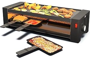 SUNTEC WELLNESS SUNTEC Raclette Grill RAC-8625 turbo raclette – barbecue da tavolo per 8 persone – funzione per pizza – set da 8 tegamini piccoli + 4 tegamini grandi per pizza + 8 spatole – griglia doppia – 1450 watt