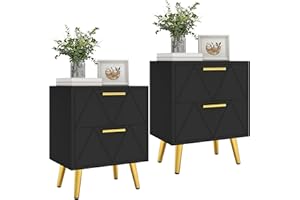 YITAHOME 2-Drawer Bedside Table Set of 2, Small Bedside Storage Cabinet with Storage, Nightstand End Table for Living Room Bedroom Office, Black & Gold, 40x30x52cm, Black & Gold