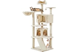 Yaheetech Arbre à Chat Multiniveau Tour pour Chat avec Cachettes Panier Perchoirs Rampe Poteaux en Sisal Boule Suspendue Tour d'escalade pour Chatons 145 cm de Haut Beige