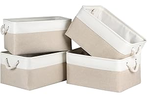 Syeeiex Storage Basket for Shelves [4 Pack], Storage Boxes with Handles, Large Fabric Storage Bins for Organizing Home and Office, White & Khaki