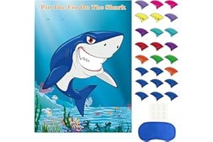 FEPITO Pin the Horn on the Unicorn Birthday Party Game with 24 Horns for Unicorn Party Supplies, Children's Birthday Party Decorations, SHARK