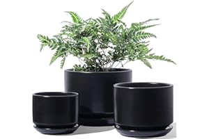 ‎LE TAUCI LE TAUCI Doniczki, 11+13+17 cm Ceramiczne Doniczki, Zestaw 3 Doniczek Kwiatowych z Otworem Odpływowym i Podstawką, Doniczka Wewnętrzna z Wkładką Siatkową na Otwór Odpływowy, Prezenty dla Mamy, Czarny