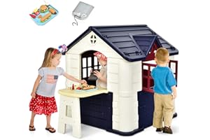 COSTWAY Kids Playhouse, Outdoor Cottage Pretend Play Center with Picnic Table, Food Toy Set, Working Doors & Windows, Indoor Playground Set for 3-8 Years Old (Blue)