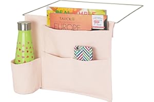 mDesign Bedside Storage Caddy — Bedside Organiser Made of Metal and Cotton with 4 Pockets — Practical Hanging Storage for Water Bottle, Remote Control, Tablet and More — Light Pink