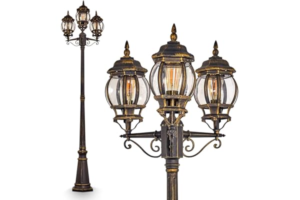 Candélabre Kobe, lampe d'extérieur au look antique, métal brun/or avec disques en plastique, lampe d'allée à 3 branches 215 cm, lampe de jardin rétro/vintage, douille E27, IP44, sans ampoules