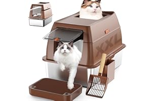 COOLYNX Bac à litière XXL fermé en acier inoxydable avec couvercle, facile à nettoyer et anti-odeurs, avec bord haut, deux entrées avant et supérieure, deux modes, pelle incluse, pédales pour grands chats