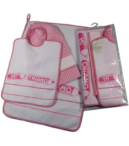 Set Asilo Personalizzato Con Nome - 4 Pezzi: Bavaglino, Asciugamano, Sacca E Bustina, Rosa, Cotone - Foto 6