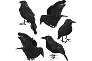 MISS GOOD 5 Pack Halloween Decorations Crow Spooky Black Artificial Feathered Crows Realistic Looking Flying Raven Birds Decoration for Halloween Party Photo Prop Indoor Outdoor Home Garden Decorations Model