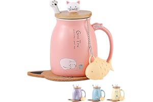 MengCat Tasse de chat,Tasse à café en céramique mignonne avec Lovely Kitty couvercle en Cuillère en acier inoxydable, Nouveauté Coupe du matin thé Lait Noël Agresser Cadeau 380ML