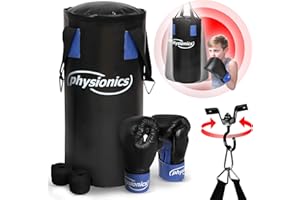 Physionics® Sac Frappe - pour Enfants, Rempli, H55cm/10kg, Gants, Bandages, Fixation Plafond, Mousqueton - Boxe Junior, Punching Bag, MMA, Muay Thai, Kickboxing, Arts Martiaux