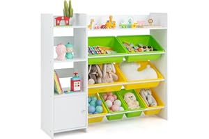 COSTWAY Kids Toy Storage Unit, Children's Toys Box Organiser with 8 Bins, Cabinet and Open Shelves, Large Toddler Bookshelf Rack for Playroom, Nursery, Kindergarten (Multicolor)