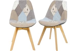 eSituro Linen Dining Chairs Set of 2 pcs Patchwork Kitchen Counter Corner Bedroom Dressing Chairs with Backrest and Solid Wood Legs for Office Lounge SDC0012