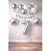 Gumus Konsept Dogum Gunu Kutlama Seti Beyaz Gumus Konfetili Balon Rakam Yıldız Folyo ve Banner (7 Yaş)