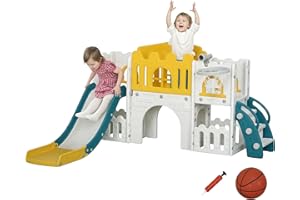 ‎AIYAPLAY AIYAPLAY Kinder Rutsche 7-in-1 Kinderrutsche mit Basketballkorb, Klettergerüst, Teleskop, Tunnel, Lenkrad, Plattformgang Gartenrutsche Kleinkinderrutsche für Indoor & Outdoor 1 bis 3 Jahre, Gelb