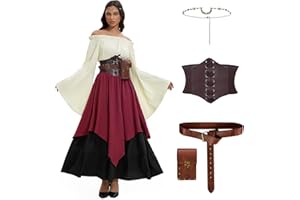 LumenVela Mittelalter Kleidung Damen, Renaissance Kleid Damen und Off Shoulder Bluse mit Corsett, Gürteltasche, Kopfschmuck, Gürtel, Viktorianisches Kostüm für Halloween Karneval