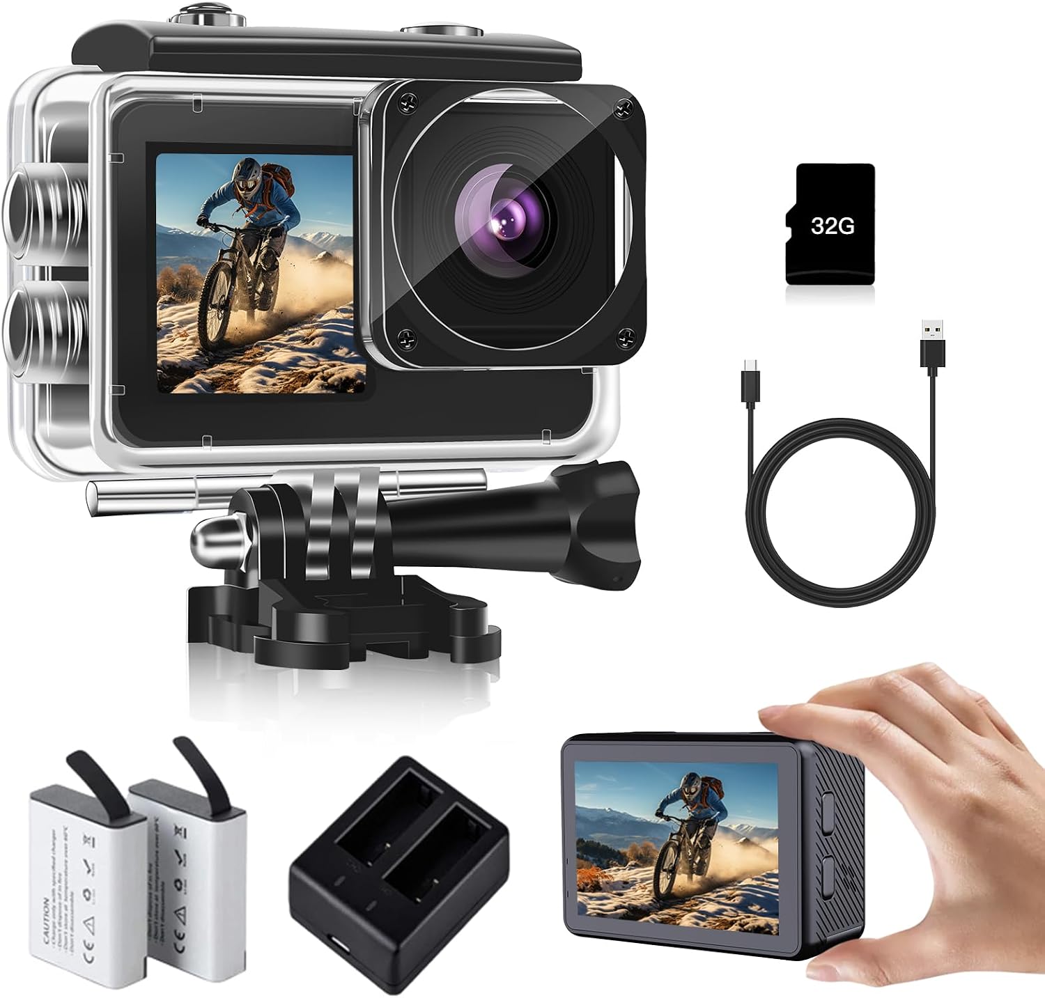 fceoul Cámara Deportiva 1080P FHD 16MP, Cámara Acuática con Doble Pantalla de 2" y 1.3", Sumergible 40M para Vlogging y Buceo, Incluye Tarjeta SD 32GB, 2 Baterías de 1050mAh y Accesorios（Negro）