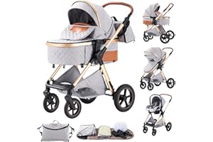 BEBBY Cochecito de bebé 3 en 1，Carrito Bebe 3 en 1 Con Asiento De Auto, Portátil, apoyabrazos ajustables, Carricoche Combinado Paisaje Alto Marco de Aluminio Para Recién Nacido
