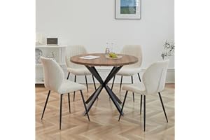 DEYARNA HOME Dining Set 5-Piece 100 cm Round Dining Table and 4 Linen Dining Room Chairs, Dining Table and Chairs for 4 People, 4 Chairs & Table for Kitchen, Dining Room and Living Room (Dark Wood