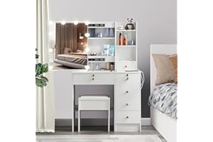 Guanglai Vanity Desk with Lighted Mirror and Drawers, Makeup Table Set Power Strip & USB ports, Dressing Table with Stool and Shelves for Women Gift