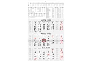 ‎ZETTLER Zettler 3-Monatskalender schwarz/rot 2026 – Wandkalender 30 × 49 cm, 3 Monate pro Blatt mit Datumschieber, Jahresübersicht, Ferien, Wochenzählung, Kopftafel 15 cm, perforiert, Kalendarium deutsch
