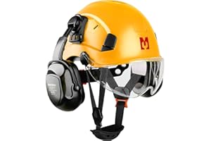 Mustbau Kask ochronny, EN397, z nausznikami i wizjerem, regulowany obwód głowy od 53 do 63 cm, wytrzymały materiał ABS, dla mężczyzn i kobiet