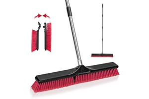 Masthome Garden Broom, Heavy Duty Outdoor Broom with Stiff Bristles & 25'' Wide Brush Head, Durable Sweeping Yard Brush for Cleaning Deck Garden Garage Factory Concret - Red