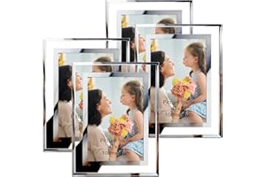 Hoikwo Juego de 4 Marcos de Fotos 10x15, Marcos para Cuadros Cristal con el Borde Plateado Puede Colocarse Vertical u Horizontalmente Sobre una Mesa