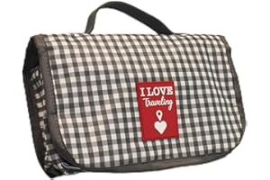 PONETTE - Neceser de Mujer de Percha en Estampado de Cuadros Vichy en Color Gris Antracita y Blanco, Neceser con Gancho para Colgar, Ideal Viajes, Gimnasio, Organizador, Marca Española