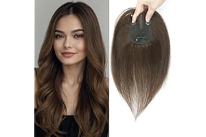 LASUNORK Hair Toppers for Women Fluffy Human Hair Topper 10inch Handmade Swiss Base Hairpieces 360° Cover Hairloss and Grey Hair (Medium Brown)