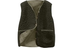 Wyongtao Teddy Fleece Gilet for Women Sleeveless V-neck Button Down Vest Sherpa Fluffy Waistcoat Coat Solid Color Lightweight Cozy Gilets Ladies Winter Soft Jacket with Pockets Fur Fuzzy Coat Outwear