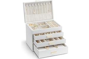 Vlando Caja de Joyas Moderna Grande, Organizador de Joyas con 4 Niveles, Joyero para Mujer, para Pendientes, Anillos, Almacenamiento de Joyas, con Cajones, Espejo, Funda para Relojes, Regalo para