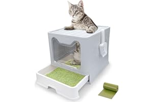 PLEASANTSONG Foldable Cat Litter Box with Lid, Enclosed Top Entry Cat Litter Box, Large Covered Drawer Type Kitty Litter Pan, Hooded Closed Anti-Splashing for Easy Cleaning Including Cat Litter Scoop