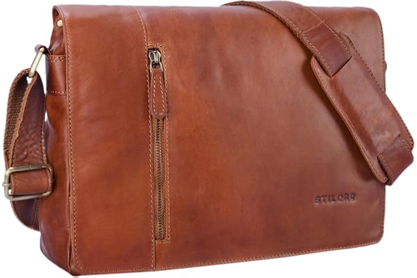 STILORD Till Sac Messager Vintage en Cuir Véritable Sac Bandoulière Sacoche pour Ordinateur Portable 13 Pouces Sac d'affaires Travail Université Loisirs Couleur:Cognac Marron