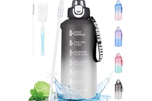 AOHAN Water Bottle 2l, Sports Water Bottle with Straw, BPA Free Large Water Bottle with Time Markings, Leakproof Drinks Bottle for Fitness, Gym and Sports （Dishwasher Safe）, Black Grey Gradient