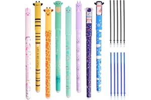 KAEMPE Erasable Pens 8 Colors, 8 Rub Out Pens + 10 Refills (Blue And Black), Coloured Pen With Eraser On The Tip,0.6mm Cartoon Pattern Animal Pen For Children's School Supplies Or Adults' Office supplies