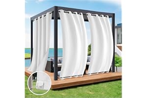 ROSNEK Rideau Extérieur Imperméable, Rideaux Occultant avec Corde Thermiques Anti Chaleur Anti UV, Blanc Rideau Extérieur avec Onglet en Haut pour Pergola, Gazebo etc L 132 x H 244 cm, Lot de 1
