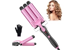 YICAIZI Ferro arricciacapelli 3 botti Beach Waves Ferro ondulato per capelli, 25 mm Piccoli riccioli Ferro arricciacapelli in ceramica Impostazione della temperatura Riscaldamento rapido con guanto, Rosa