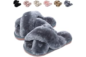 Fadezar Girls Fluffy Slippers Warm Plush Memory Foam Slippers for Kids Cute Leopard Print House Slippers Open Toe Slip on Slider Slippers