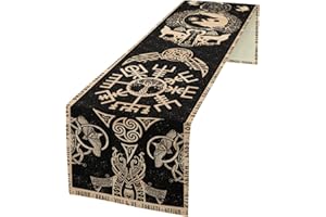 kikomia Baumwolle Leinen Tischläufer Rechteckige Wikinger Wolf Odin Raben Baum Couchtisch Esszimmertisch Schlafzimmer Party Urlaub (33×183cm, Beige)