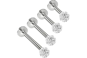 Bling Piercing 4pc Labret Bar Studs 1.2mm 16g Monroe Lip Stud 6mm 8mm 10mm 12mm Surgical Steel Stainless Ferido Gem Ball Set Externally Threaded Pack Tragus for Men Women Flat Snake Bites Bar