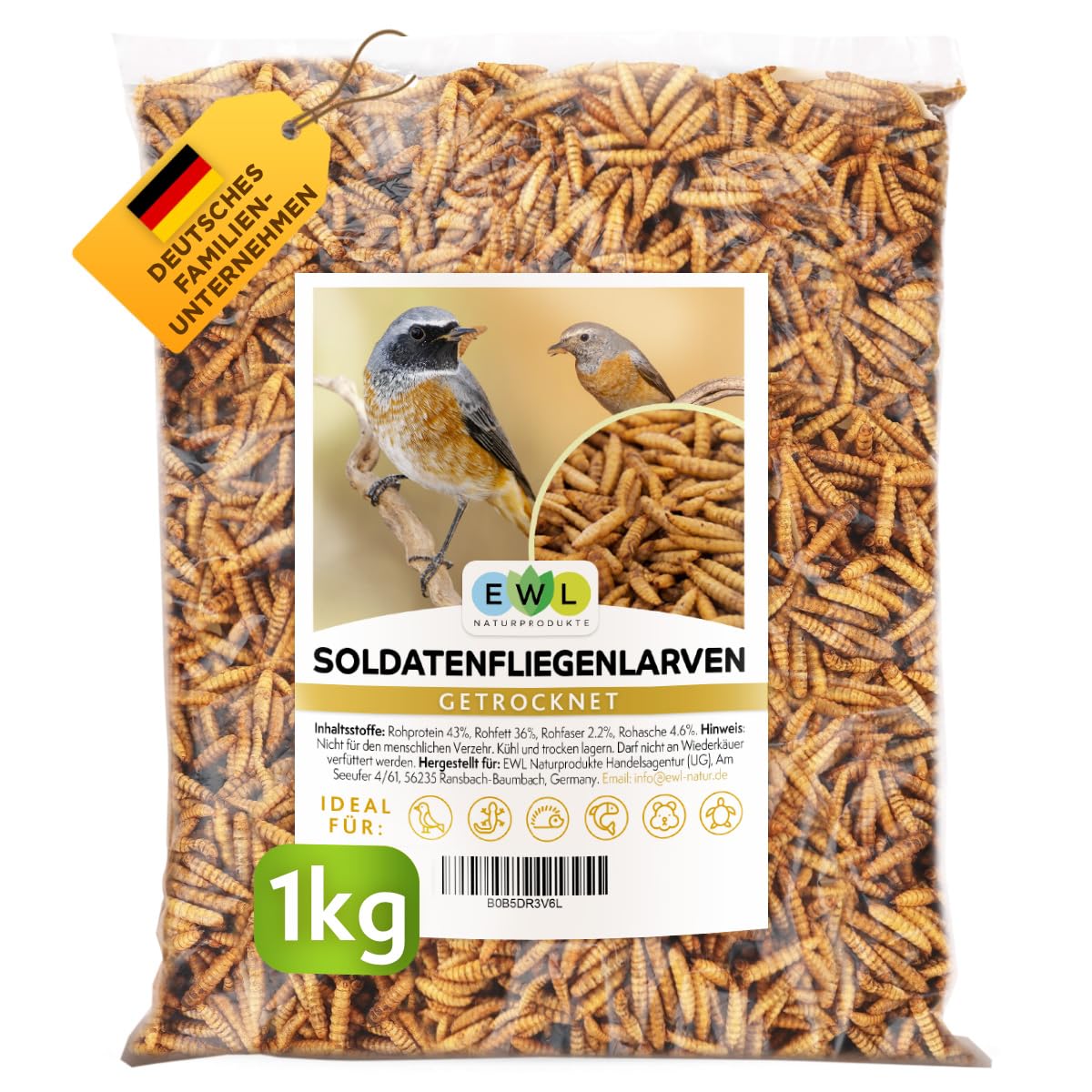 EWL Getrocknete Soldatenfliegenlarven 1kg (6,5L) | Vogelfutter Fischfutter | Nahrhaftes Igelfutter & Insektensnack für Wildvögel, Schildkröten, Reptilien & Nager | Ganzjährige Fütterung | Proteinquelle