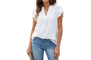 Blooming Jelly Womens White T-Shirts Chiffon Blouse V Neck Ruffle Sleeve Summer Tops