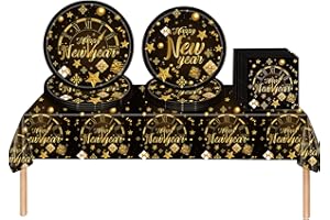 ATBEAMEN 53Pcs Happy New Year Eve Party Tableware Decorations for 2026,Black Gold New Years Eve Tableware Set New Years Table Cloth,7inch 9inch Paper Plates,Napkins, for Dinnerware party Supplier