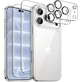JETech 5 in 1 Clear Case for iPhone 18 Pro MAX, Clear | Anti-yellowing, 2 tempered glass screen protectors, 2 camera lens pro