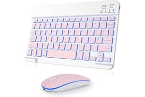 Nsyee Bluetooth Keyboard and Mouse, Universal Compact Wireless Keyboards, Rechargeable Portable for iPad/Samsung/Tablet/iOS/Android/Windows, UK Layout (Pink, Backlit Keyboard and Mouse)